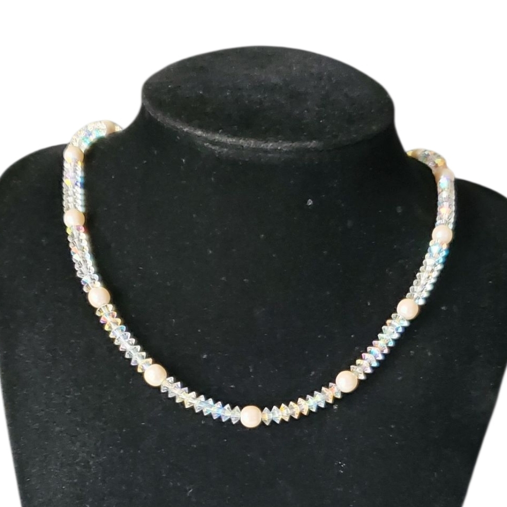 Vtg. Sterling Silver AB Swarovski Crystals W/ Pearls Necklace